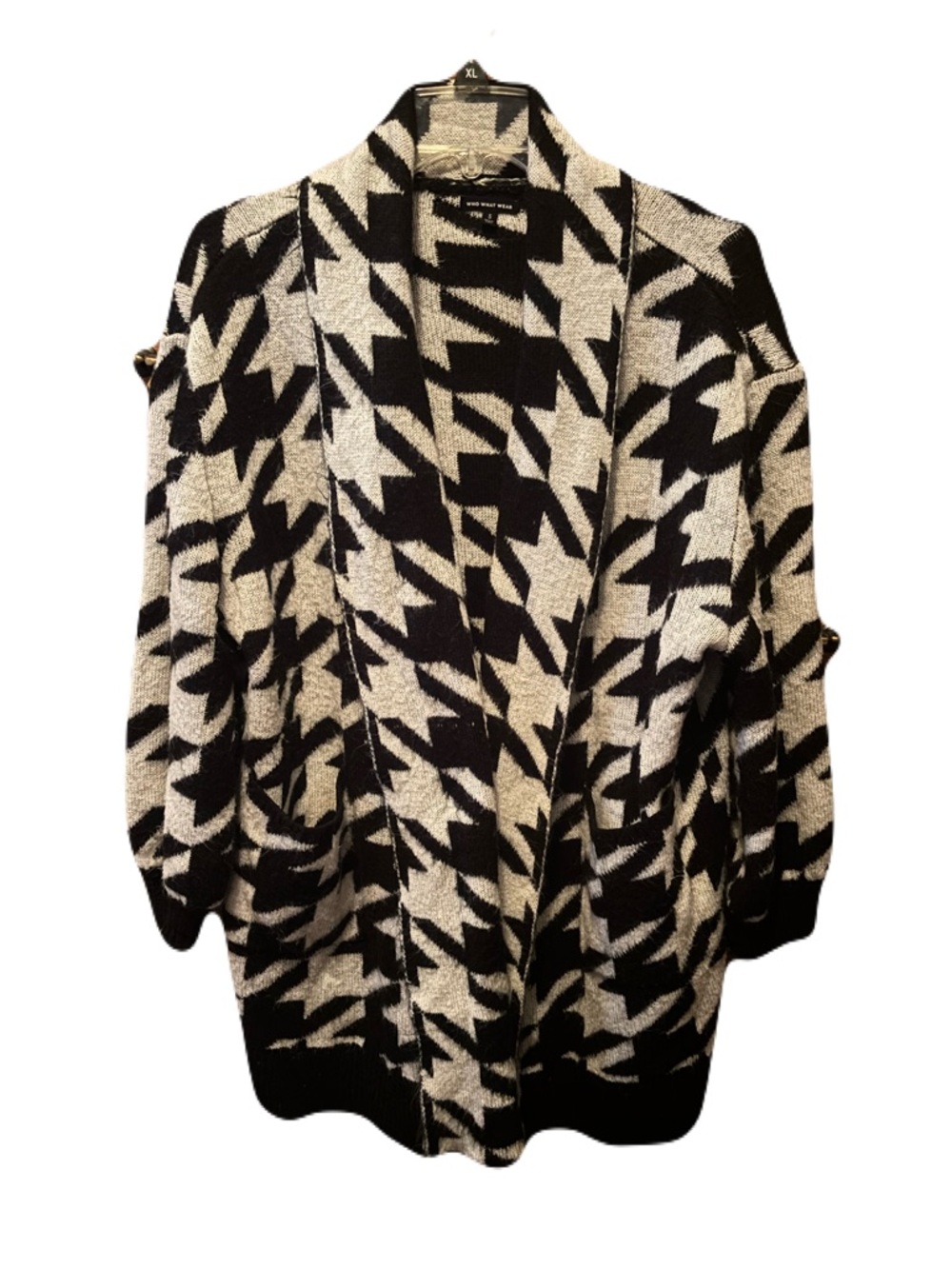 Who What Wear Black and White Houndstooth Open-Front Cardigan